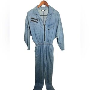 Vtg 90’s Casual Blue Denim Jumpsuit Zippers Relaxed Fit S